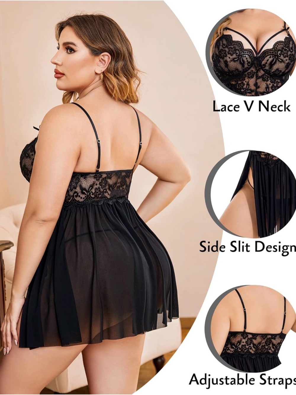 Plus Size Black Lace Babydoll Chemise with Sheer Skirt - Picture 2 of 2